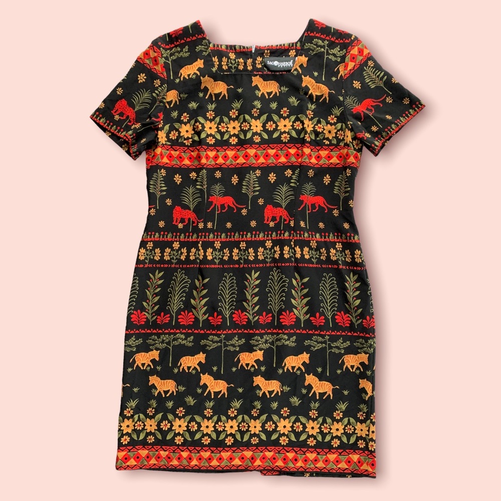 VTG 1990s Sag Harbor Petite Black Safari Print Dress